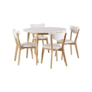 “Juego de comedor Lucca con mesa redonda blanca y sillas madera natural”