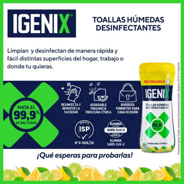Toallitas Igenix - Elimina 99.9% bacterias - Uso en múltiples superficies